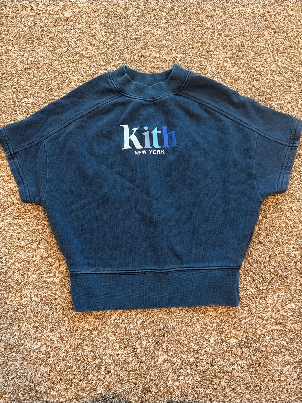 KITH Kids Navy Crewneck with Pastel Ombre New York Logo, Short Sleeve Sweatshirt